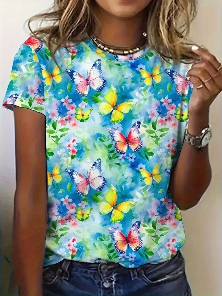 2025 New Summer Women's Black and White Swan Print T-shirt Round Neck Short Sleeve Street Casual Daily Basic Tops