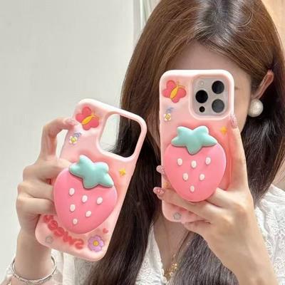 Trendy 3D Sweet Pink Strawberry Bracket Silicone Phone Case For iPhone 17Promax 16 15 14Pro 13 12Pro Max 11Plus Shockproof Cover