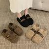 Two Women Wearing Fluffy Shoes 2025 New Autumn and Winter Thick-soled Heightening Belt Buckle Piled Thickened One Pedal Cotton Shoes Women
