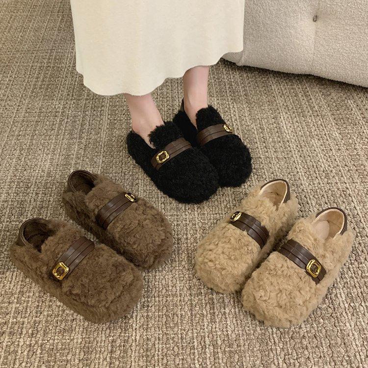 Two Women Wearing Fluffy Shoes 2025 New Autumn and Winter Thick-soled Heightening Belt Buckle Piled Thickened One Pedal Cotton Shoes Women