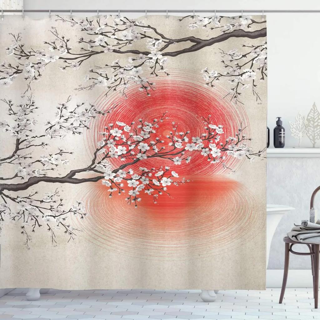 Cherry Blossom Shower Curtain Japanese Shower Curtain Floral Sakura Plum Blossom Flower Shower Curtains Teal Blue and Pink Decor