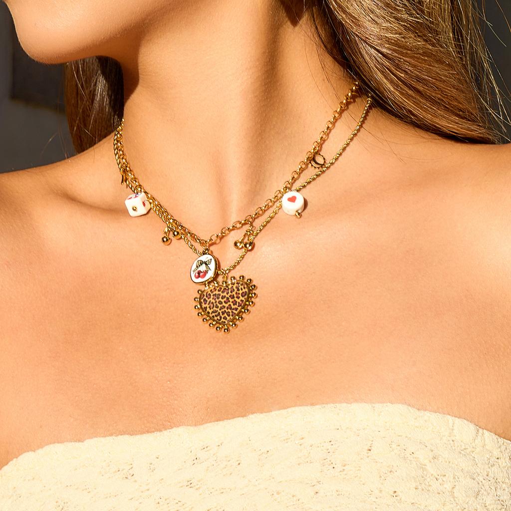 Youthway Leopard Print Heart Pendant Necklace For Women  Gold Plated Stainless Steel Necklace Simple Fashion Jewelry Gift