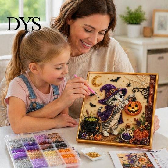 Halloween Party Supplies Cat Faux Pearl Painting Art Kit, Spooky 3D Beads Crafting Kits for Beginners Crafts, Cute Witch Gem Wall Adults, Craft Lovers