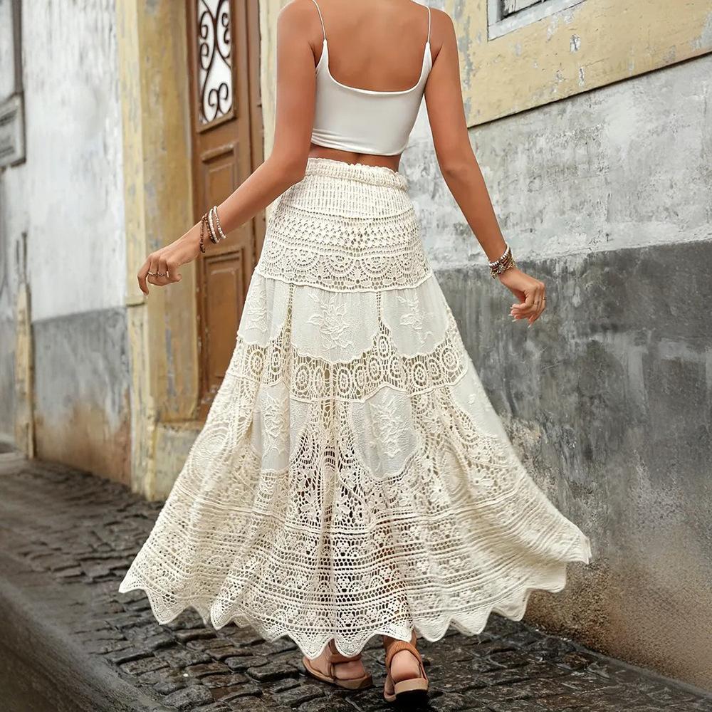 New Skirt Solid Color Female Knitted Hollow Lace Sling Dress