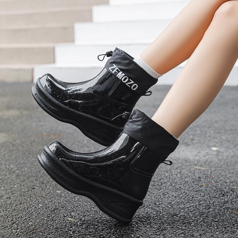Women's Waterproof Thick-Soled Drawstring Rain Boots - Short, Height-Boosting Rubber Shoes for Outdoor and Kitchen Use