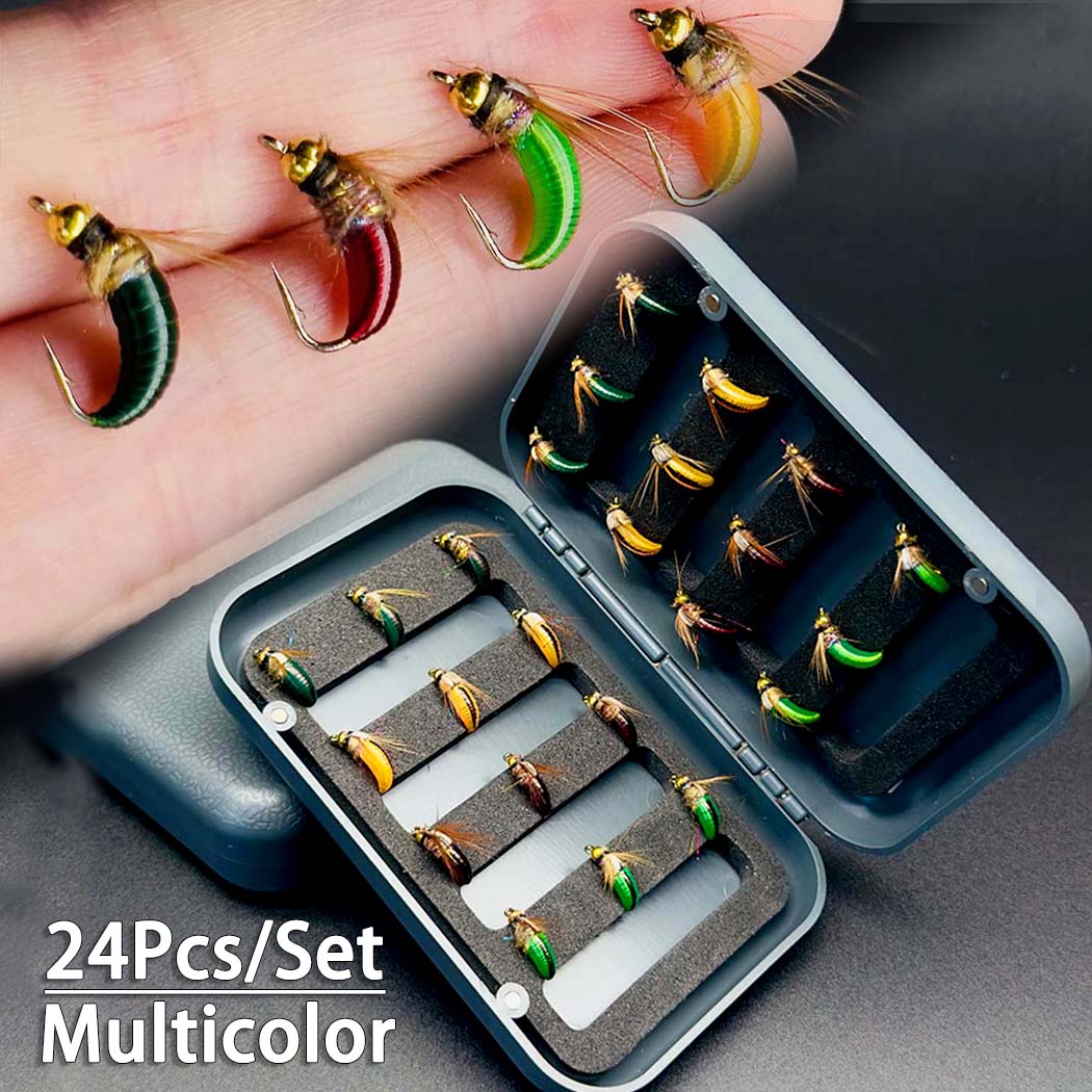 

Набор из 24 мушек для ловли рыбы нахлыстом с латунной головкой, нимфы, разноцветные сухие мушки, размер № 10 для форели, окуня, стальноголовой рыбы, материал: искусственное перо и вискоза 24Pcs-Set