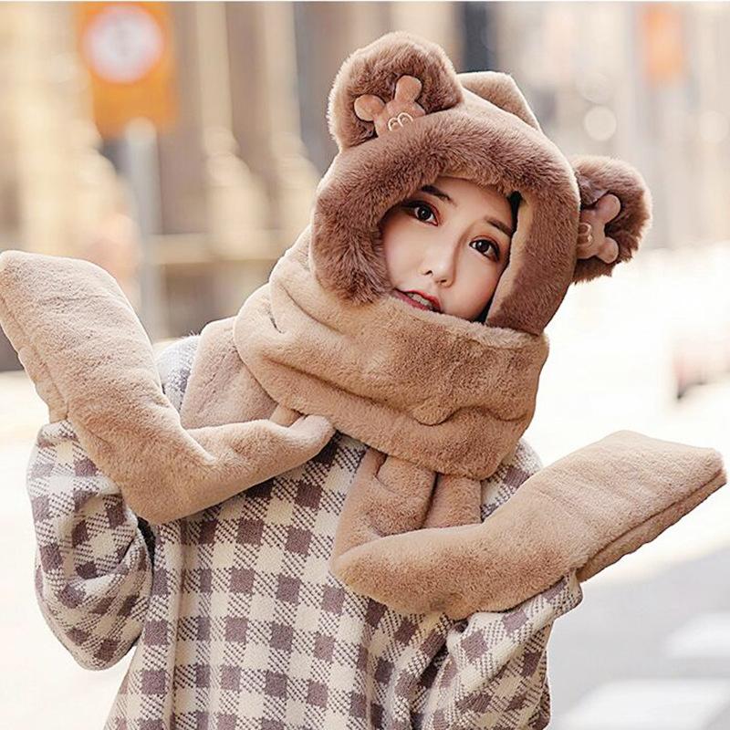 Hat Scarf Gloves One Female Winter Baby Cute Bear Three Sets Of Warm Plush Siamese Hat