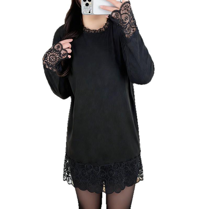 Plus Size Lace Base Layer Mid-Length Shirt for Women - Slimming & Loose Fit