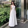 Seaside vacation style solid color pleated backless U-neck vest dress women's summer temperament waist big swing dress