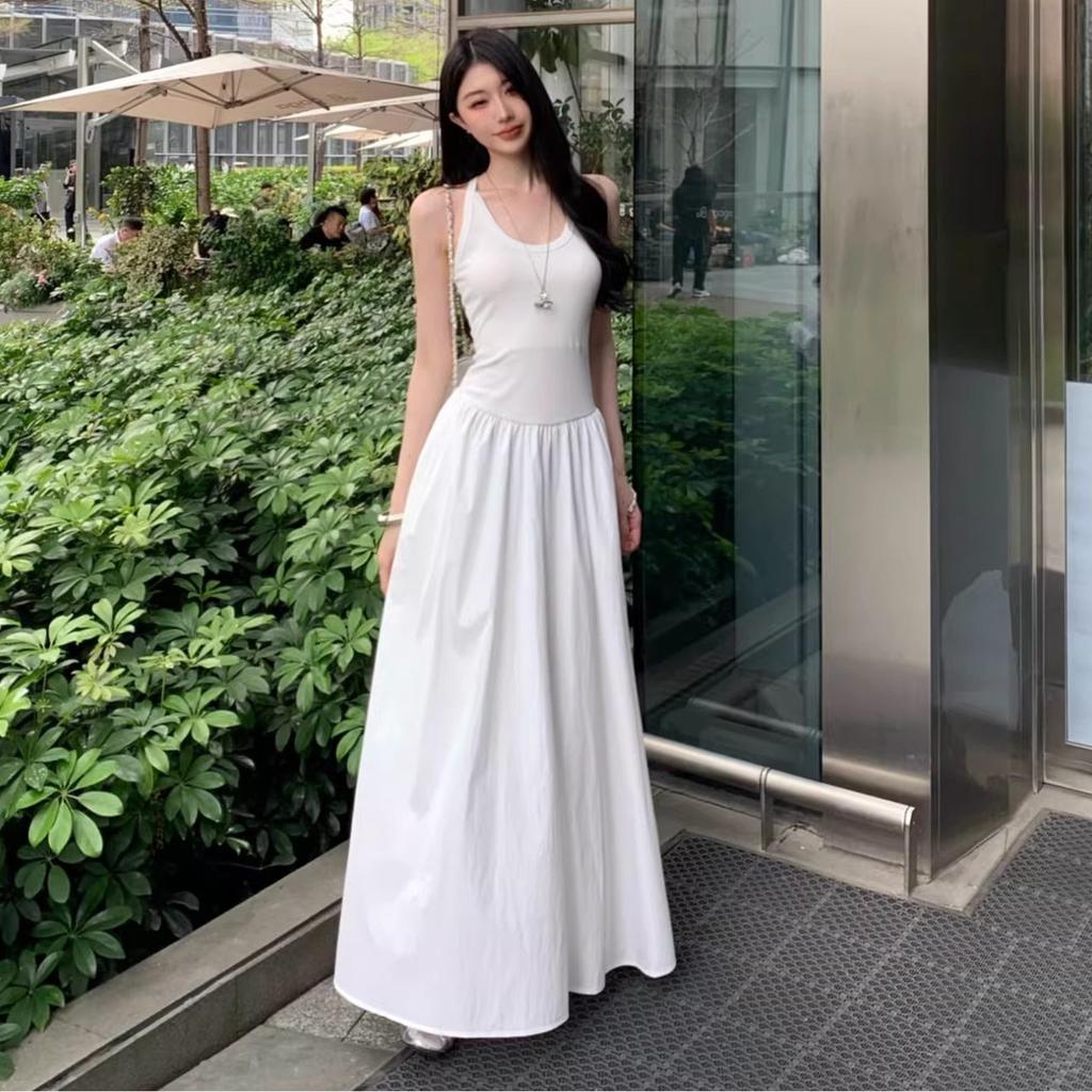 Seaside vacation style solid color pleated backless U-neck vest dress women's summer temperament waist big swing dress