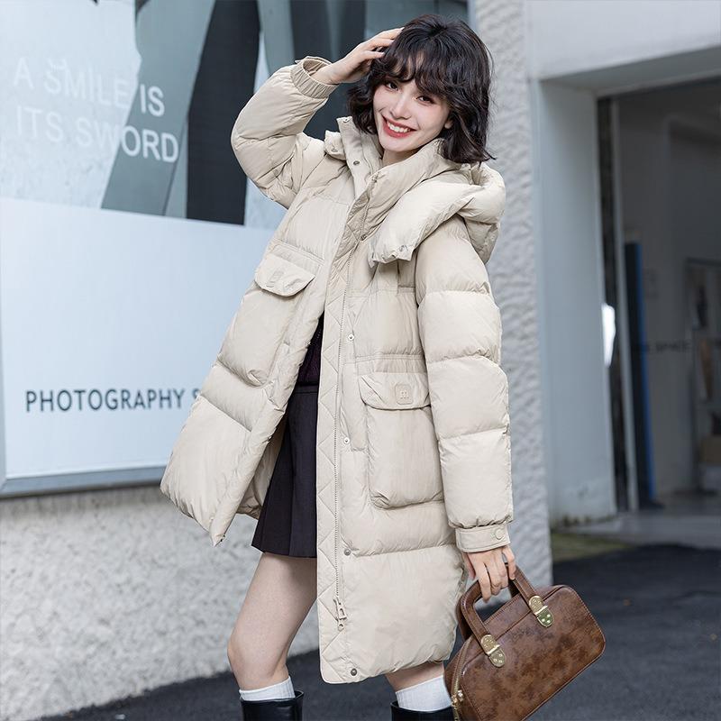 Duck Down Winter New Casual Versatile Warm Down Jacket Women's Medium and Long Hooded Jacket