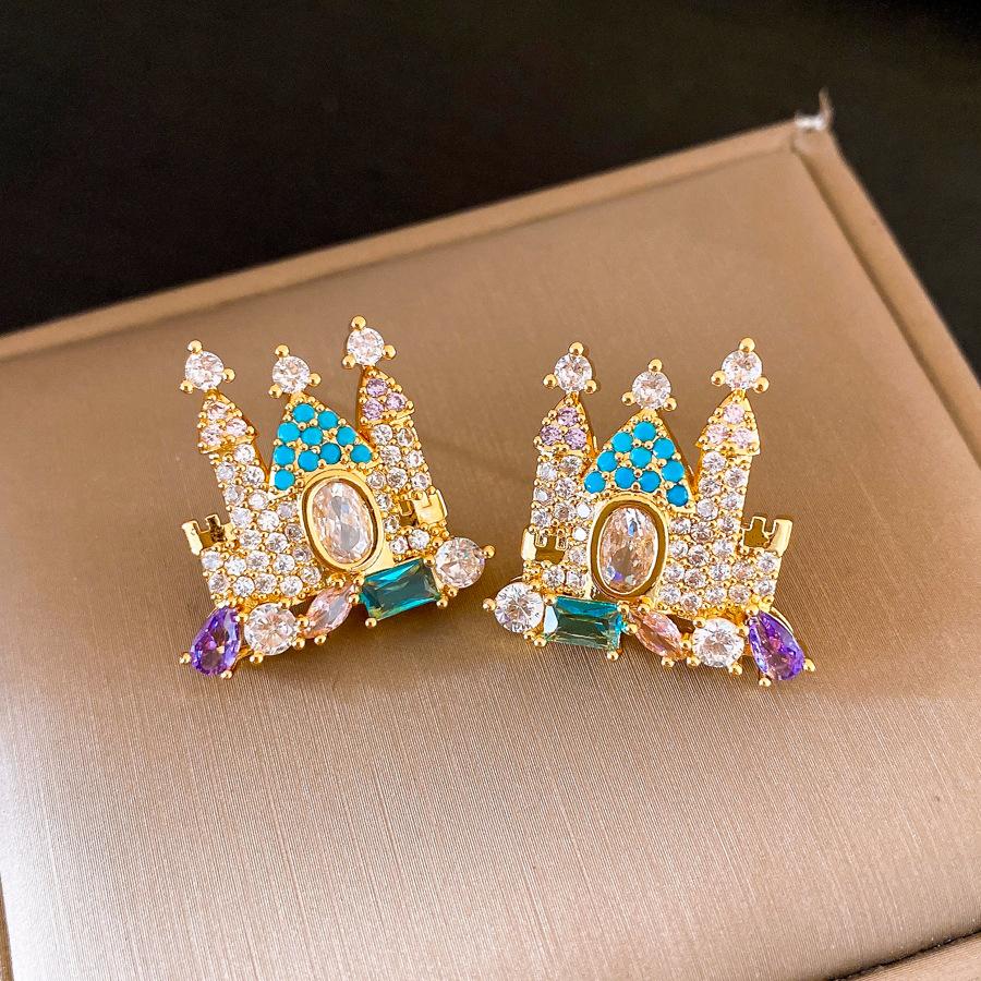 French court style zircon geometric castle earrings stud earrings exquisite personality earrings