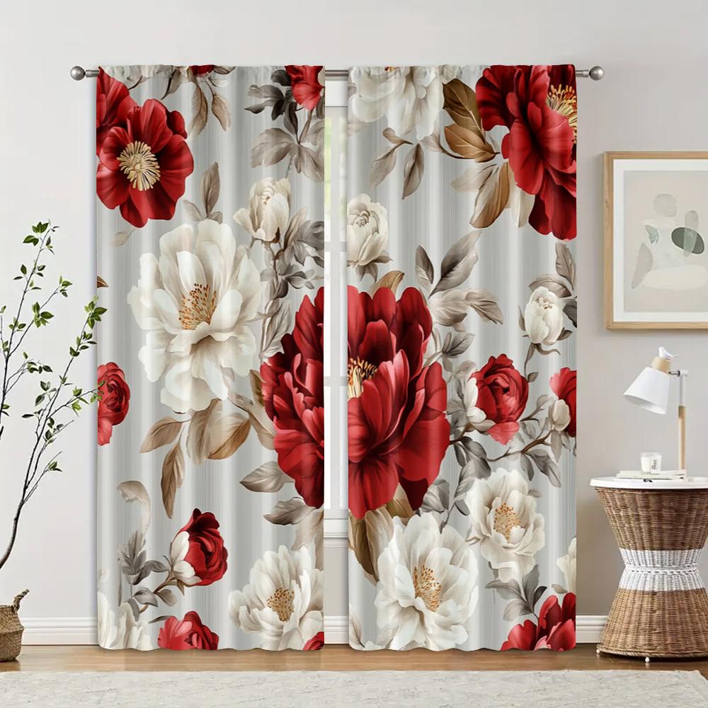 2pcs, Print Curtains 2D print Glam Style Floral Print Twill Versatile Fabric (without rod) Art Deco Festive Perfect for Bedroom,