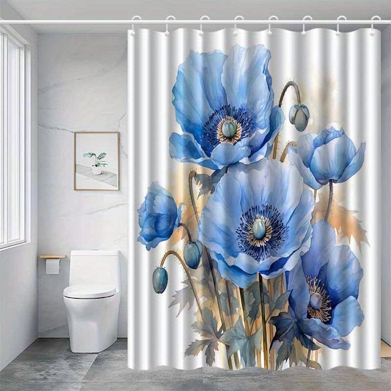 1 Piece Blue Watercolor Floral Shower Curtain, Polyester Fabric, Machine Washable, Suitable for Bathroom Decoration