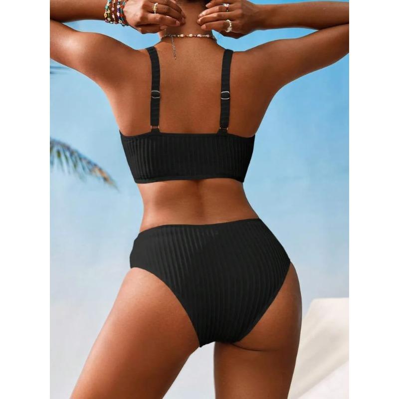 Sexy High Waist Bikini Set 2025 Women V Neck Ribbed Push Up Two Piece Swimsuit Summer Bathing Suit Holiday Swimwear Biquini