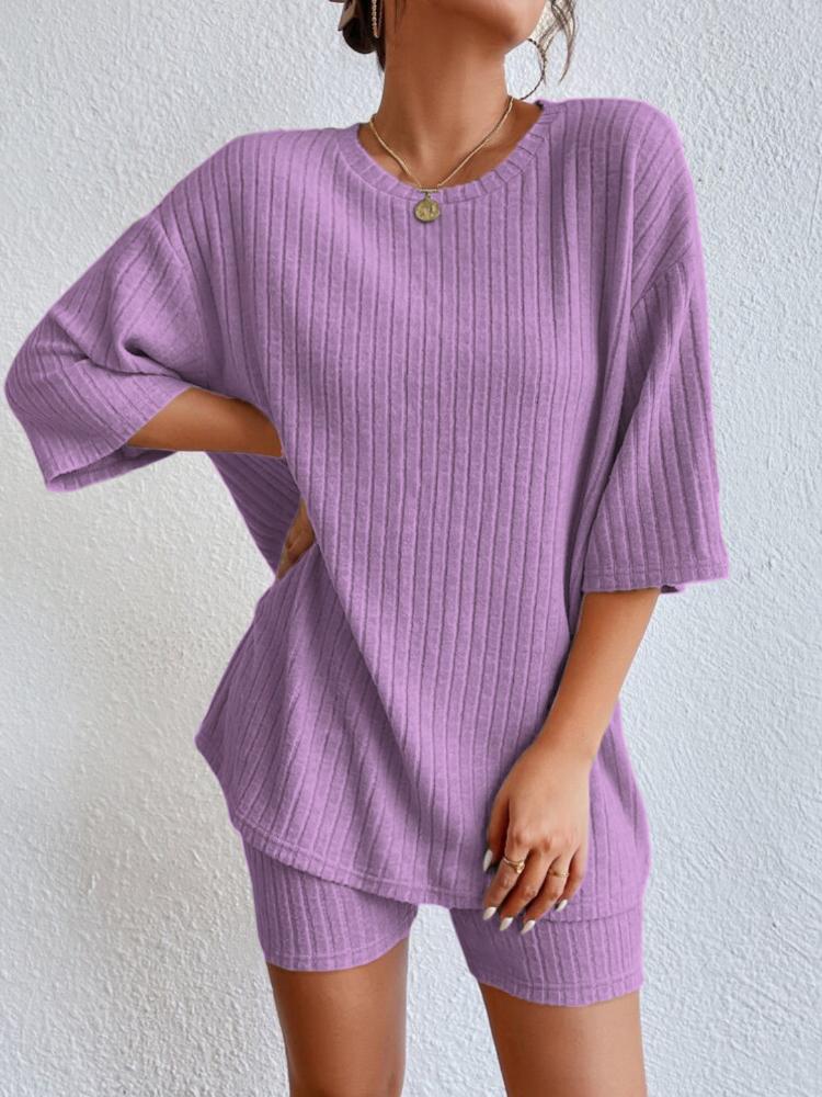 Fashion Casual Solid Color Spring Round Neck Loose Women's Shorts Set