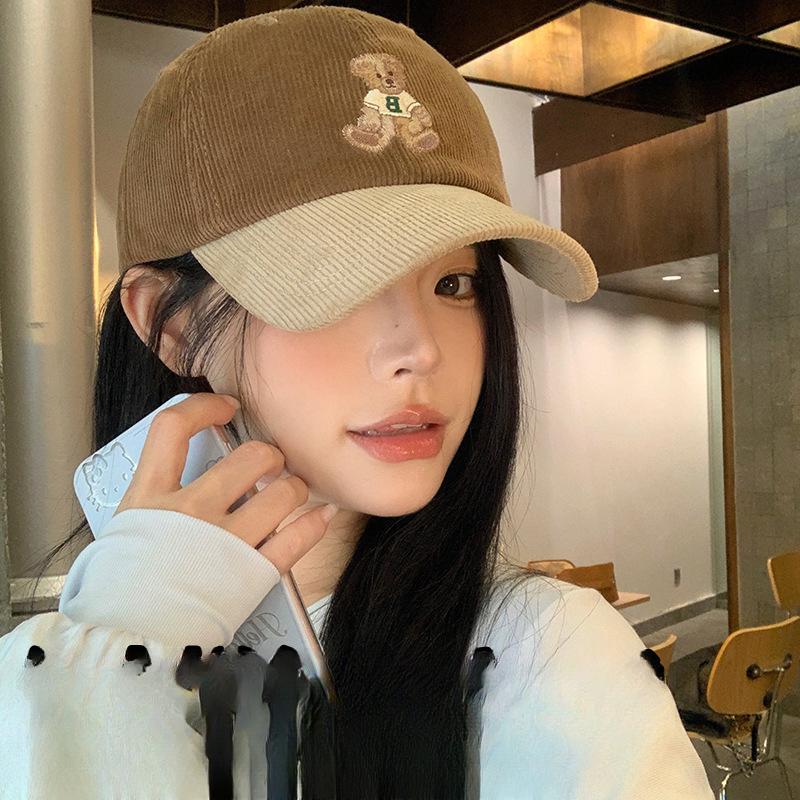 Baseball Hat for Women New Color blocking Little Brown Bear Spring and Autumn Corduroy Showing Face Small Trendy Brand Baseball Hat Men