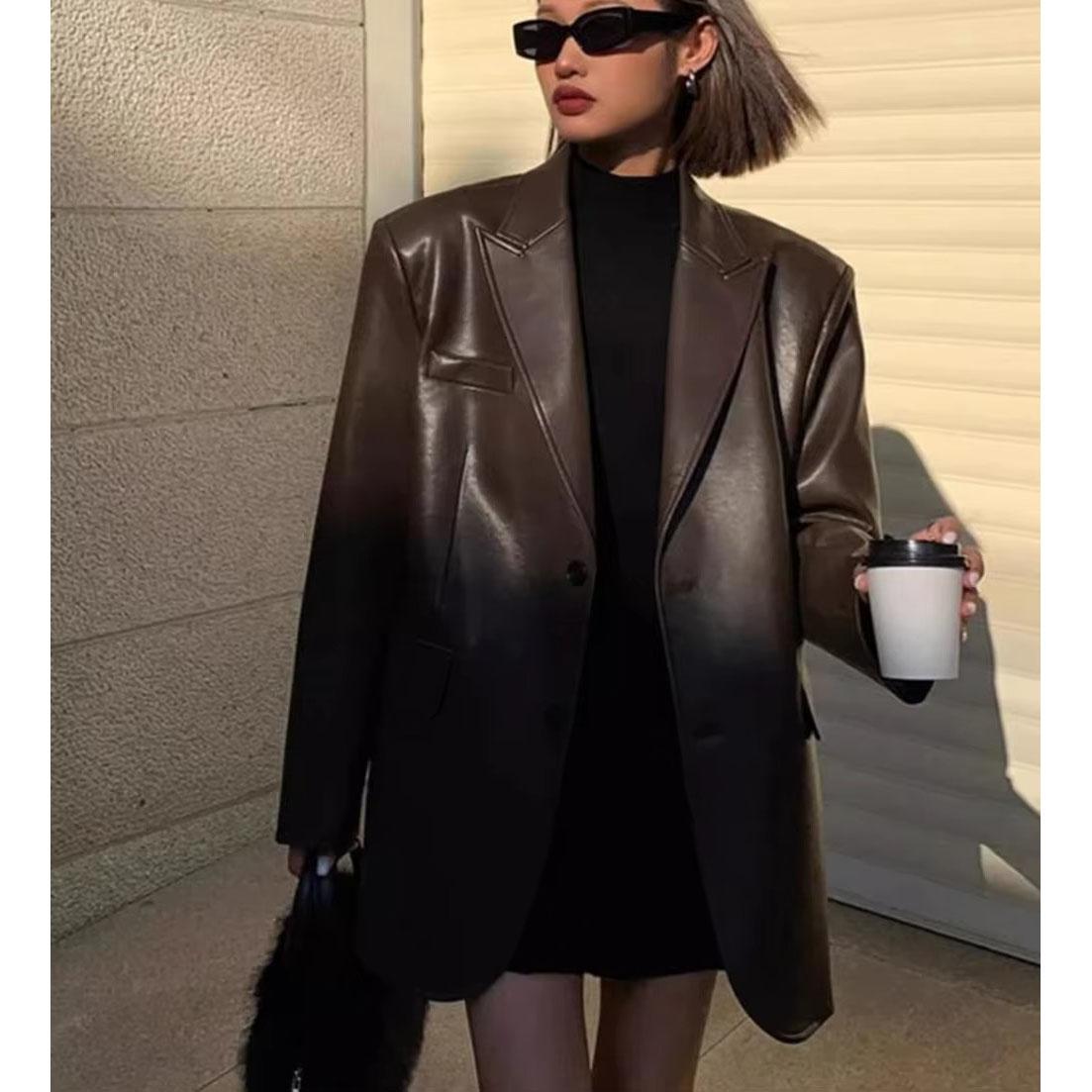 

Коричневый мягкий пиджак из искусственной кожи PU, куртка для мотоцикла с длинным рукавом, однобортный пиджак, повседневные пальто, топы, осенняя уличная одежда XL кофейный