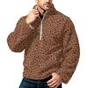 Men's Leopard Print Flannel Zip-Up Sweatshirt, Plus Size Stand Collar Trendy Casual Top for Fall Winter
