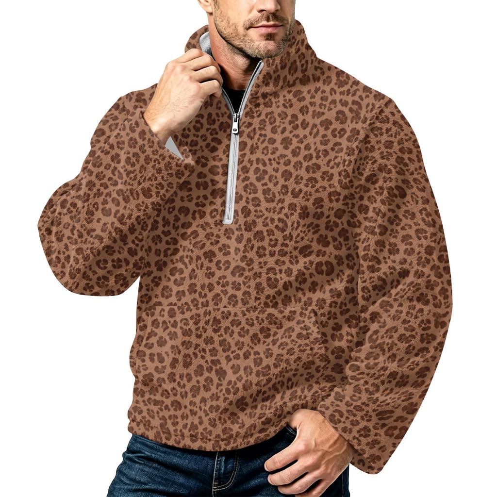 Men's Leopard Print Flannel Zip-Up Sweatshirt, Plus Size Stand Collar Trendy Casual Top for Fall Winter