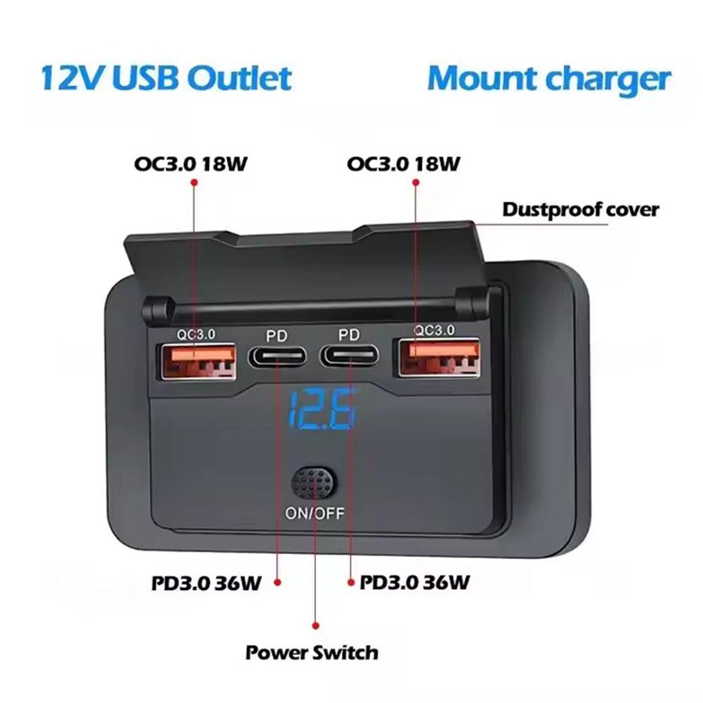 12-24V 4-Ports Car USB Charger Socket Adapter 108W USB C Outlet Panel Wall Mount with LED Voltmeter for Bus RV Boat Car Truck