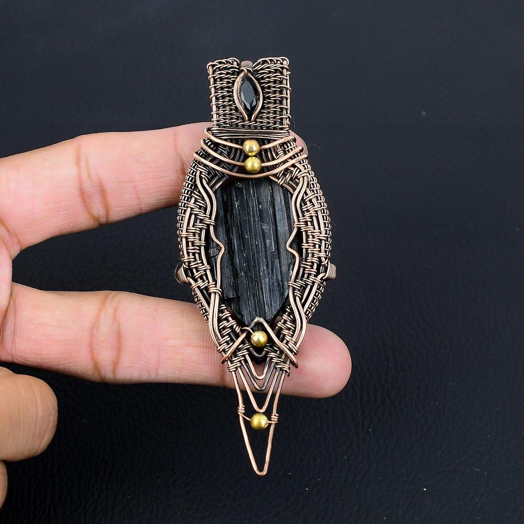 Black Tourmaline Gemstone Pure Copper Wire Wrapped Handmade Pendant Jewelry Gift