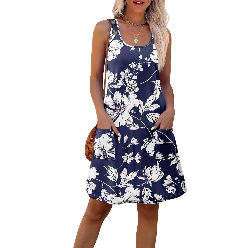 Summer Dresses For Women Beach Boho Sleeveless Printing Flowy Pocket Tshirt Tank Sundresses
