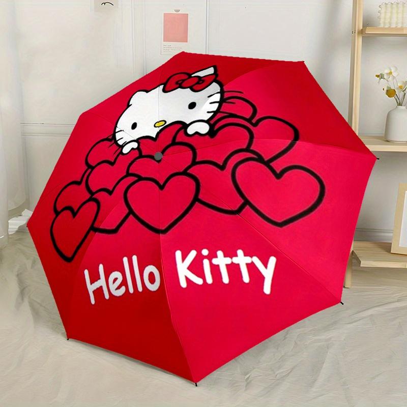 1pc a Large Folding Umbrella Featuring a Red Heart Print of Hello Kitty,Equipped with a Black Handle And an 8-Bone Structure,Ideal for Outdo