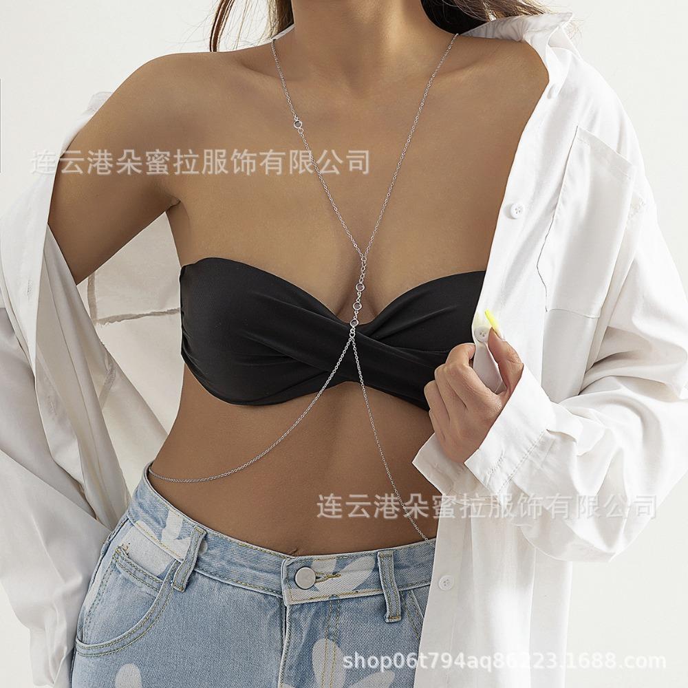 Cross-border Jewelry Body Chain European and American Sexy Exaggerated Beach Casual Flash Diamond Pendant Fringed Alloy Chest Chain
