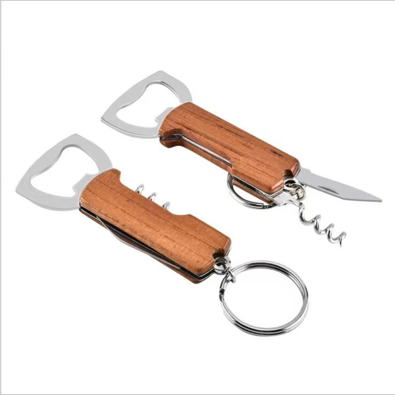 Three-in-One Portable Stainless Steel & Wooden Handle Knife Wine/Beer Bottle Opener with Keyring
