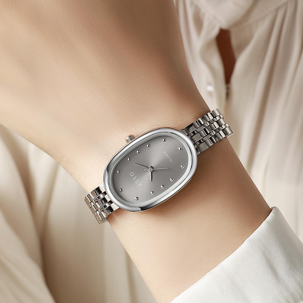 Fashion Entry Luxury Oval Dial Rhinestone Scale Alloy Strap Women's Quartz Watch Bracelet Set of 5, Suitable for Thanksgiving an