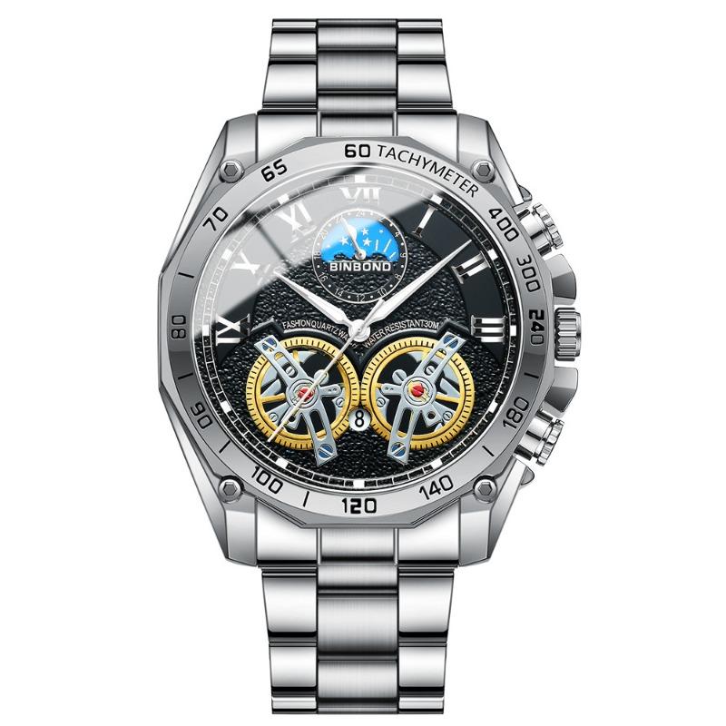 Binbang BINBOND Double Tourbillon Hollow Watch Men's Multifunctional Fashion Luminous Waterproof Quartz Watch