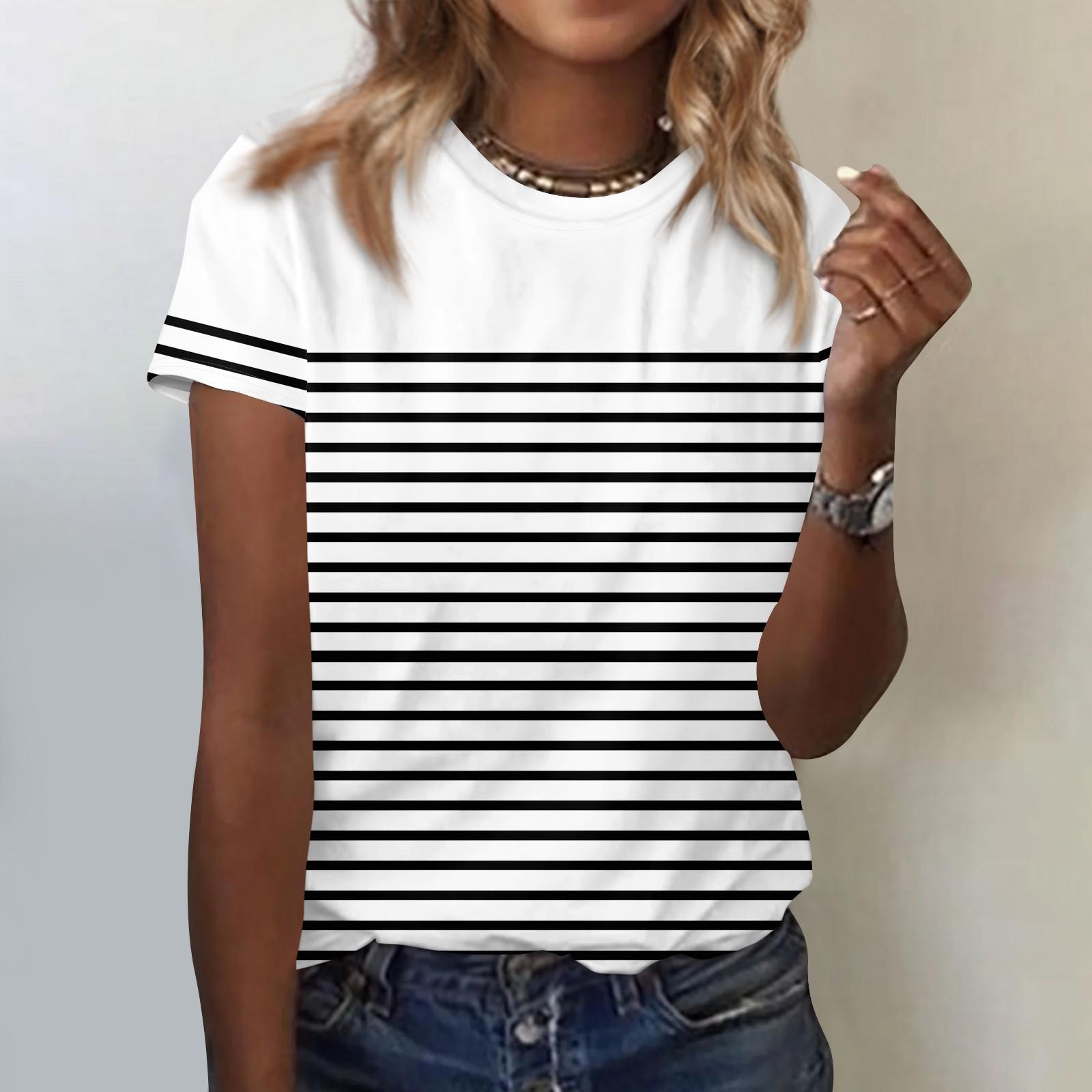 

Жіночі футболки, жіночі топи з короткими рукавами Одягнені літні повсякденні модні блузки з круглим вирізом, туніки XL білий