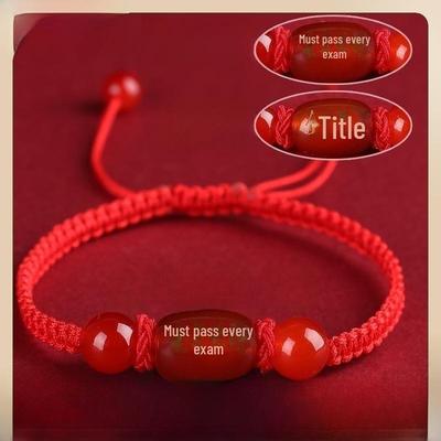 High School Entrance Exam Red String Bracelet with Engraved Beads: Agate Design for Success.