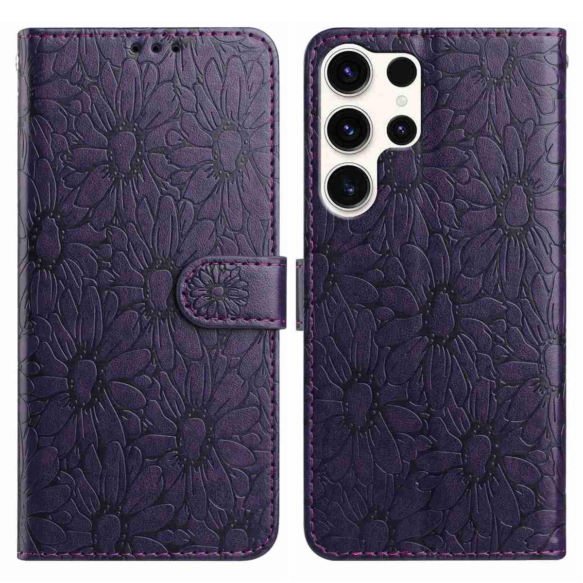

For Samsung Galaxy S24 Ultra Leather Case Daisy Imprint Wallet Stand Phone Protective Cover Dark Purple