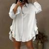 Women's Fashion Casual Spring Fall Solid Color Print Long Sleeve POLO Neck Ruffled Edge Blouses & Shirts