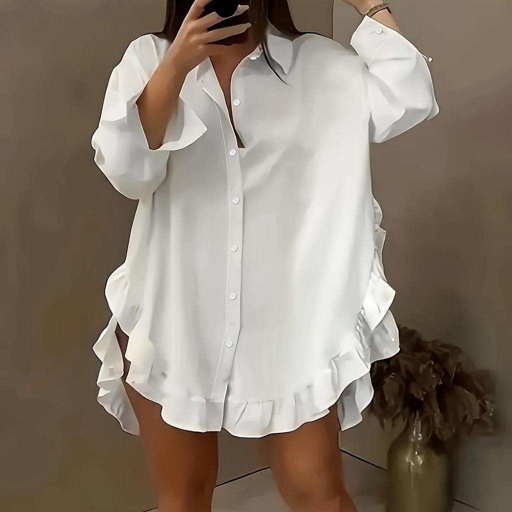 Women's Fashion Casual Spring Fall Solid Color Print Long Sleeve POLO Neck Ruffled Edge Blouses & Shirts