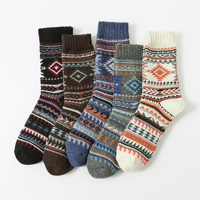5/10 Pairs Autumn Winter Thickened Warm Socks Men's Retro Ethnic Style Small Diamond Wool Socks Mid Calf Socks Comfortable