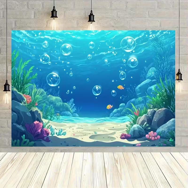 

2D Cute Fish Underwater Scene Tapestry, Blue Ocean Wall Art for Nursery 47.2x31.5inch/120*80cm