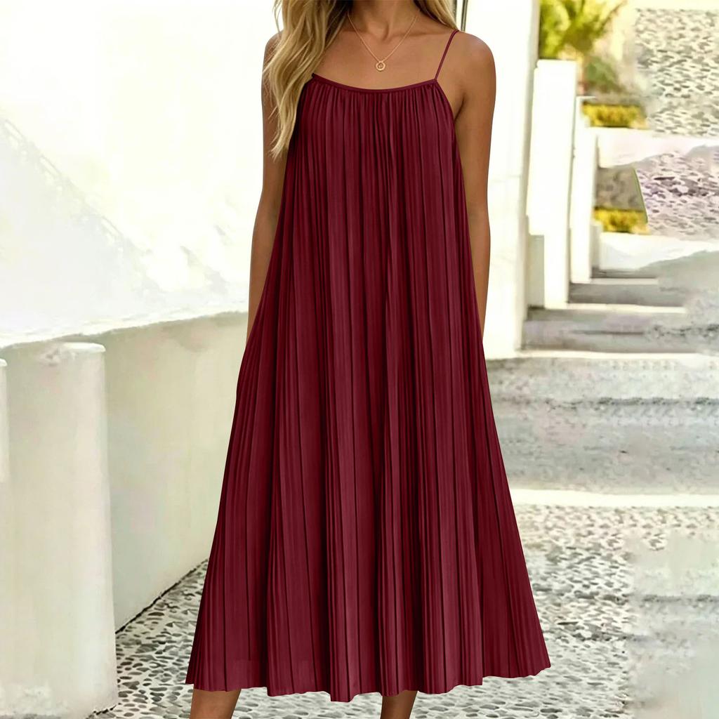 Damen Casual Ärmelloses Plissiertes Träger-Midikleid Lockere Passform