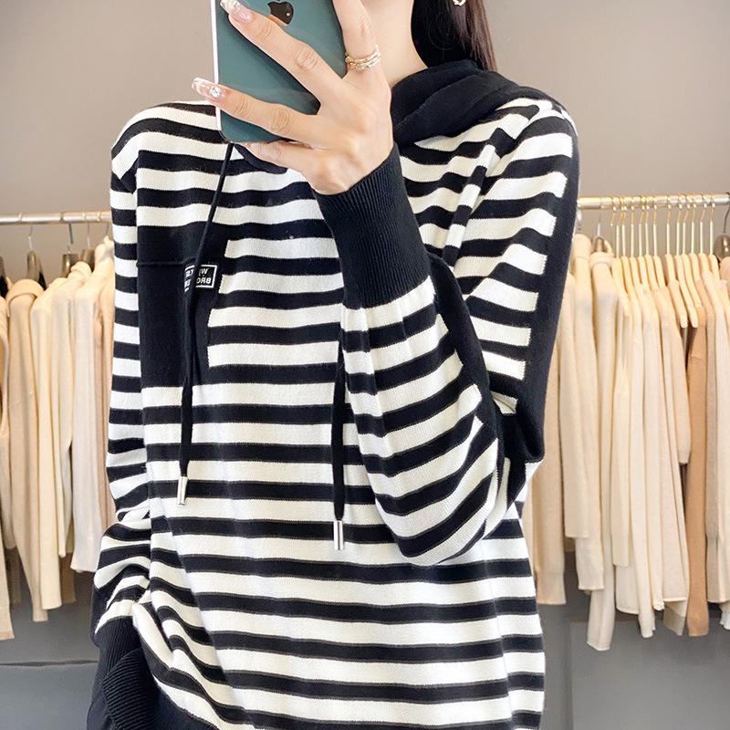 2024 Autumn Korean Chic Women's Striped Knit Hooded Sweater