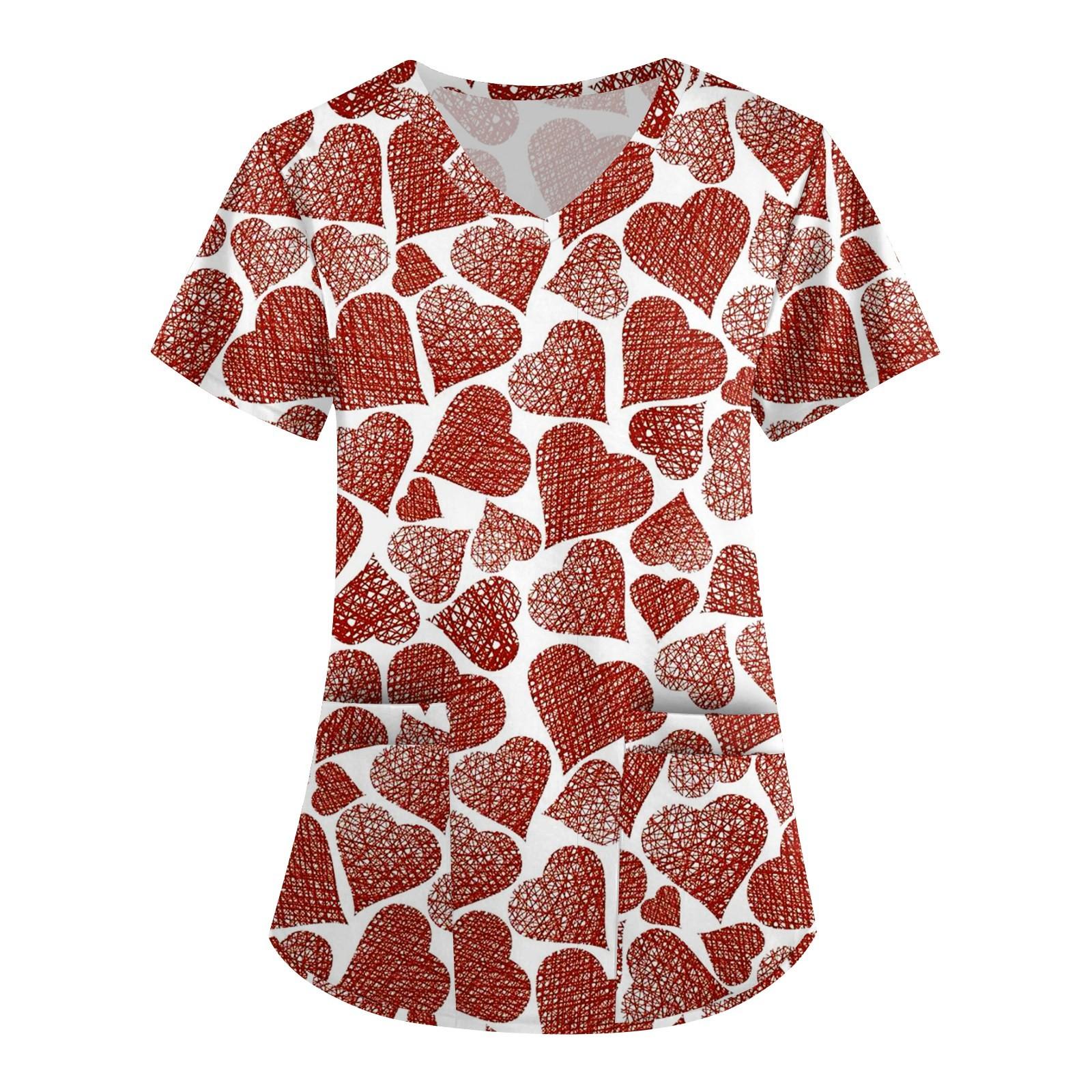 

Женская симпатичная принтованная рабочая одежда с V-образным вырезом, двухслойными карманами, базовым коротким рукавом, пуловером ко Дню святого Валентина XL хаки