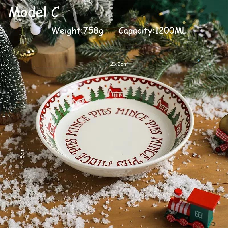 Ceramic Christmas Tableware Set with Handle, Soup Plate, Dinner Utensil, French Letter Cup, Steak Tray, Salad Bowl, Household