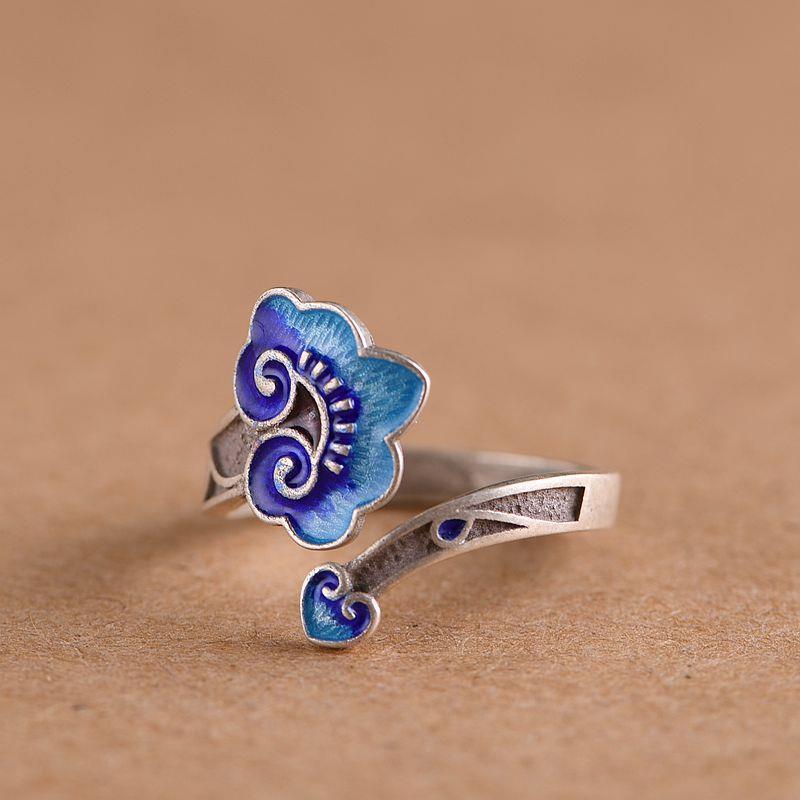 Women's Retro Blue Auspicious Clouds Ruyi Enamel Open Ring