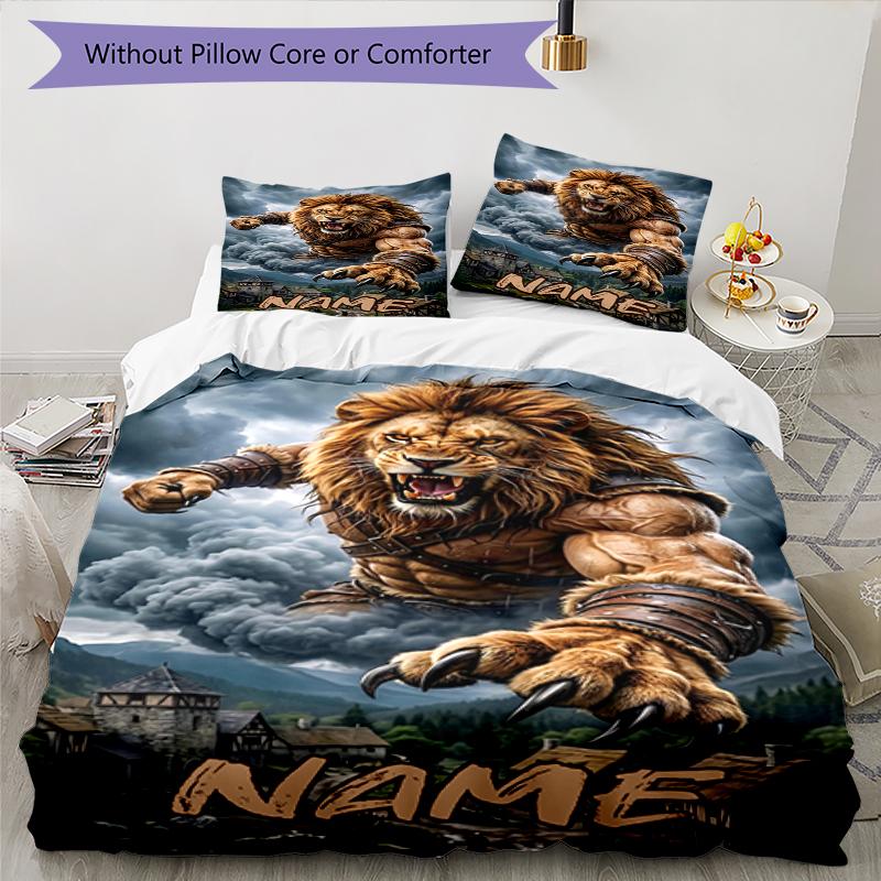 3pcs Custom Name Lion Bedding Set Duvet Cover Closure Includes 1 Duvet Cover & 2 Pillowcases, Soft and Comfortable for All Seasons.