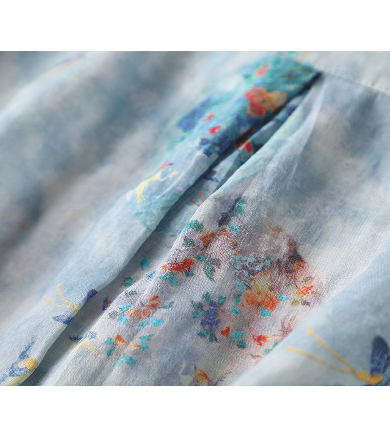 2025 Women's Trendy Loose Nine-Sleeve Printed Ramie Stand Collar Pullover Shirt