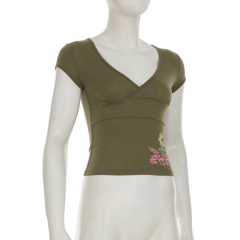 2026 Šik květinový úzký crop top s výstřihem do V a výšivkou pro ženy - Jaro/Léto Sladký a pikantní design