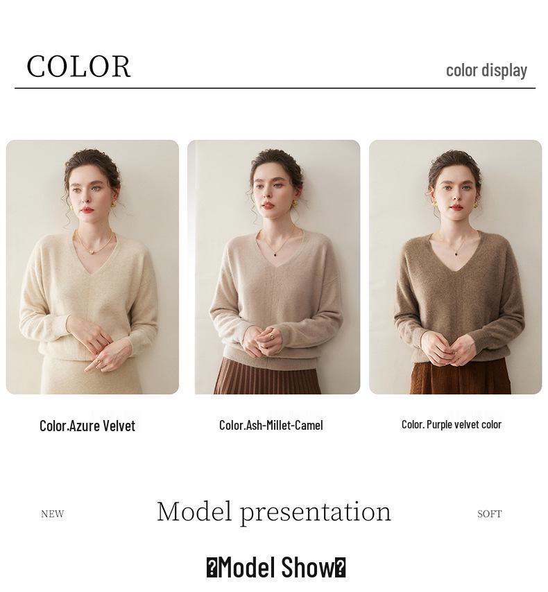 Women's V-Neck Seamless Cashmere Sweater: Brushed Finish, Long Sleeve, Solid Color