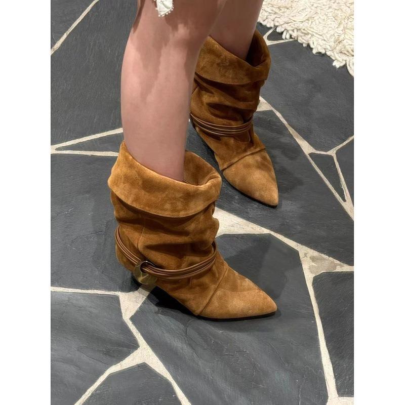Sheepskin version niche cat and leather western boots women's folding pile boots autumn and winter new fashion temperament versatile short boots