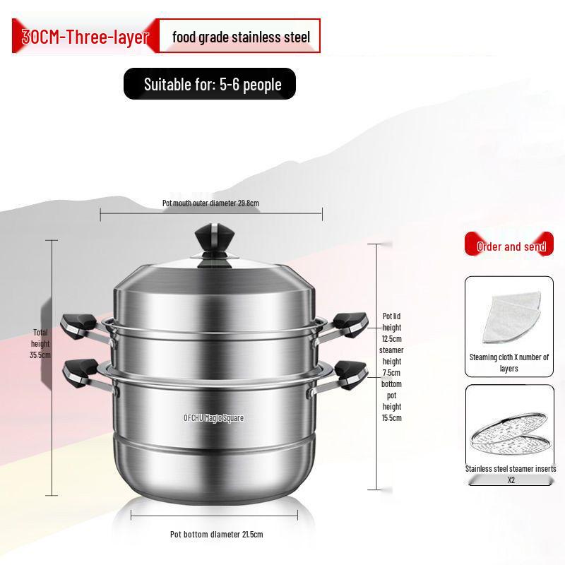 Large 304 Stainless Steel Three-Layer Household Steamer for Induction and Gas Stoves